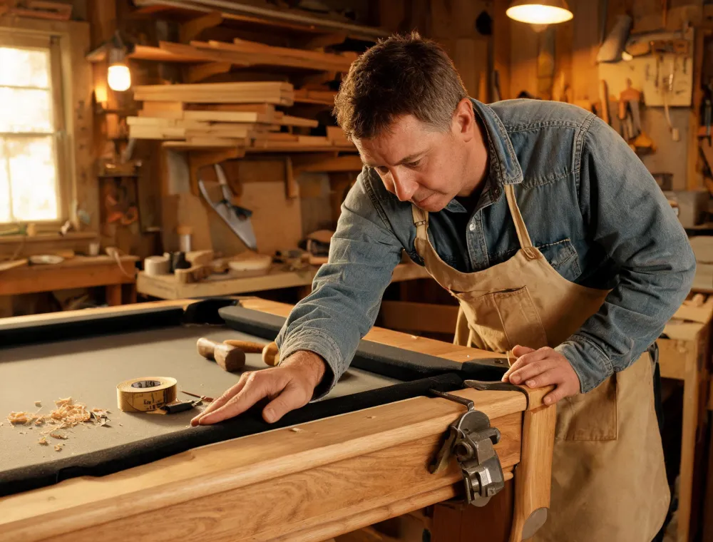 Craftsperson checking pool table rail